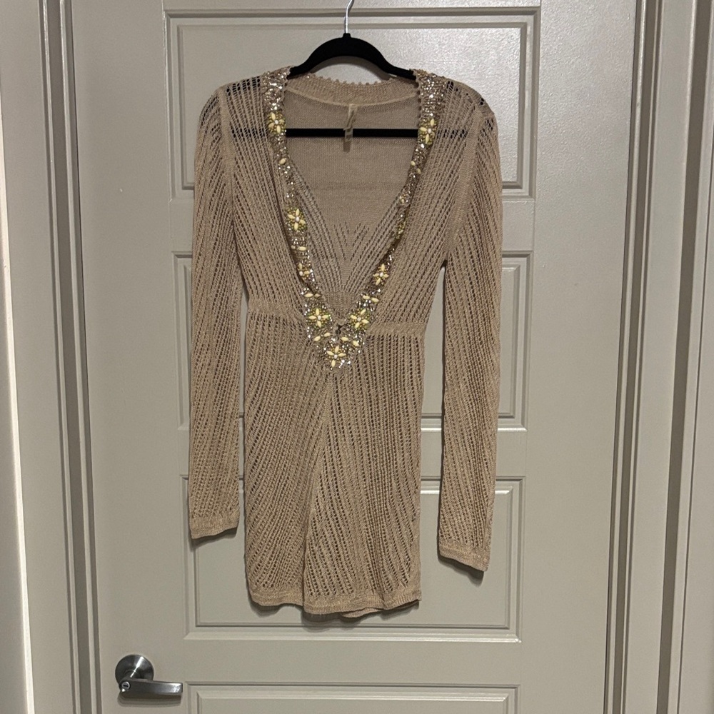 Victoria's Secret Tan Long Sleeve Dress with Gold Accents